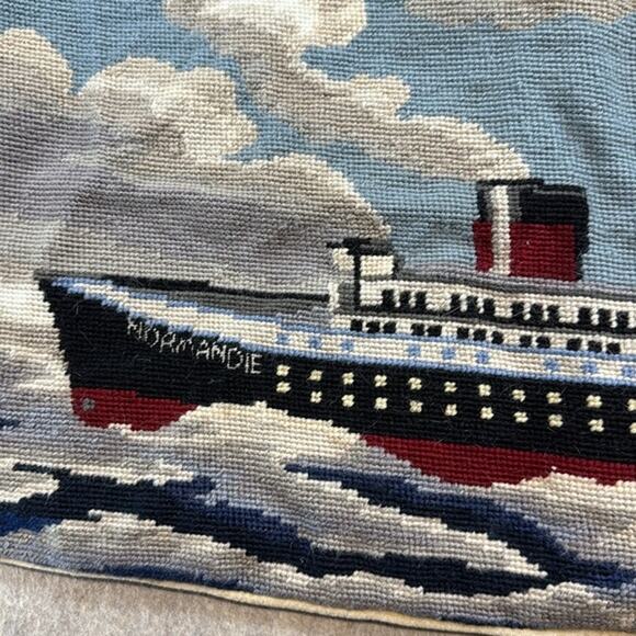 Vintage Wool Needlepoint Normandie Nautical Them Decorative Pillow 15Hx28Wx5D - Picture 2 of 11